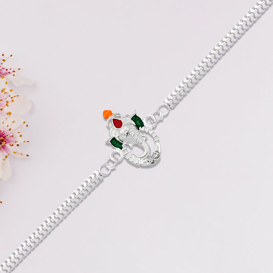 Stylish Ganesha Rakhi With Enamel Highlights And Silver Metal Chain