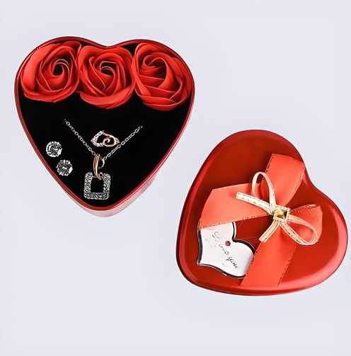 Sparkling Love Necklace & Jewelry with Artificial Roses in Heart Box