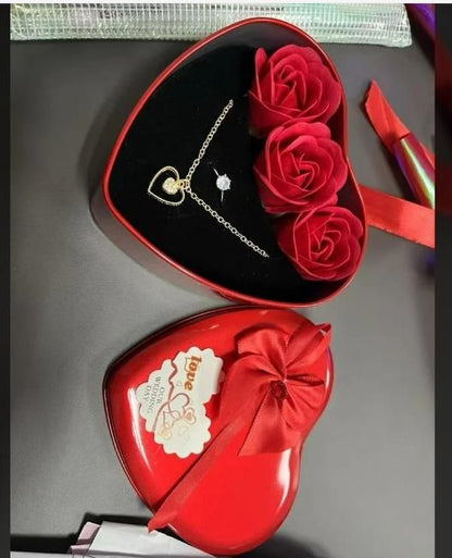 Sparkling Love Necklace & Jewelry with Artificial Roses in Heart Box